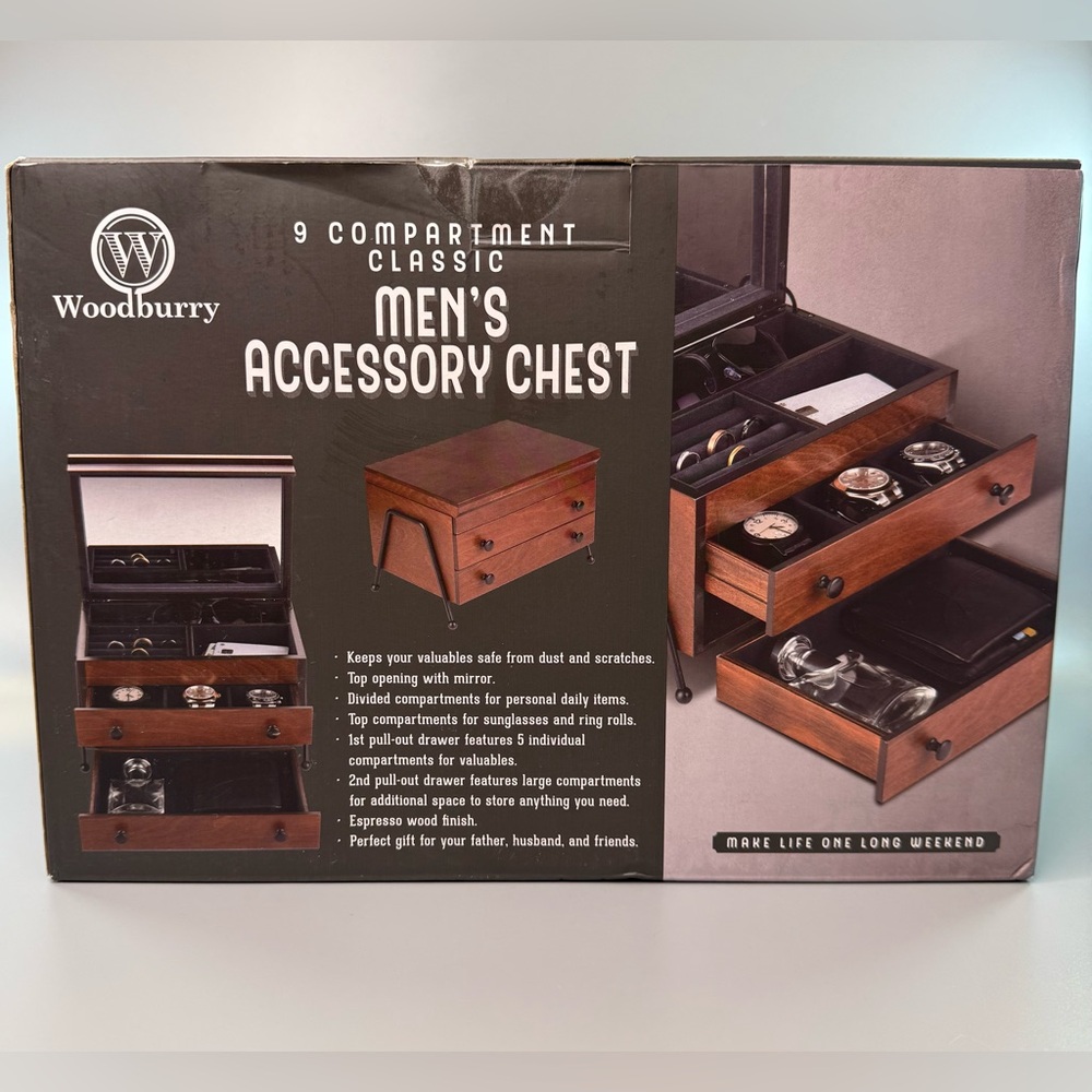 Men's Accessory Chest in Brown - 9 Compartment Watch & Jewelry Organizer